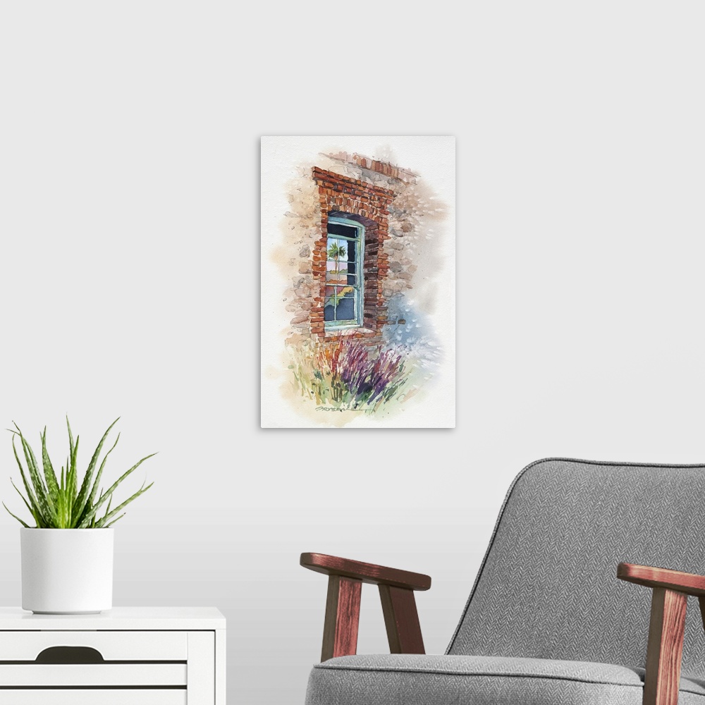 A modern room featuring Watercolor of a window at the San Juan Capistrano train depot.