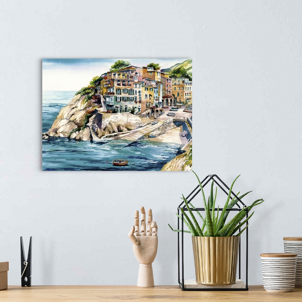 A bohemian room featuring Watercolor painting of the shoreside in Cinque Terra, Italy.