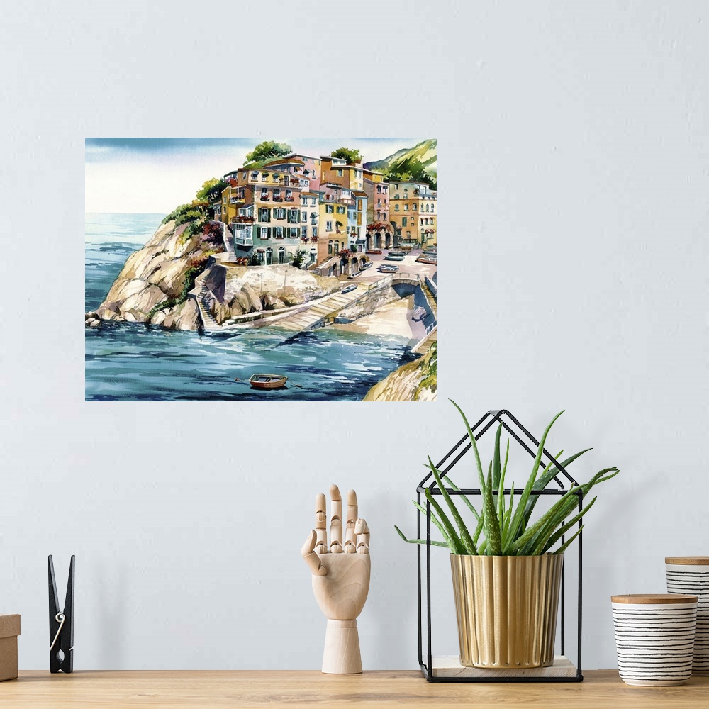 A bohemian room featuring Watercolor painting of the shoreside in Cinque Terra, Italy.