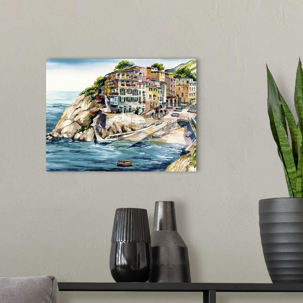 A modern room featuring Watercolor painting of the shoreside in Cinque Terra, Italy.
