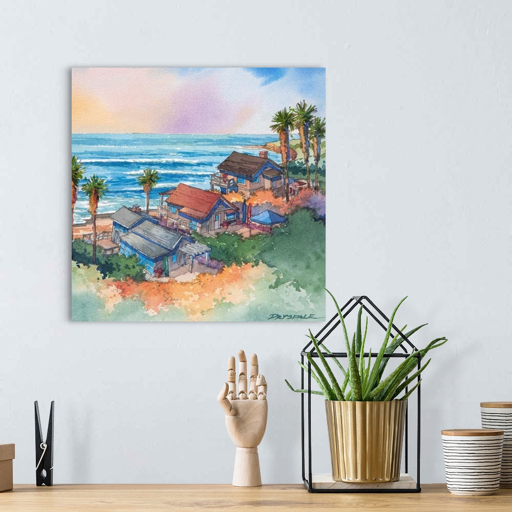 A bohemian room featuring Watercolor looking down at the beach bungalows at Crystal Cove in Newport Beach, California.