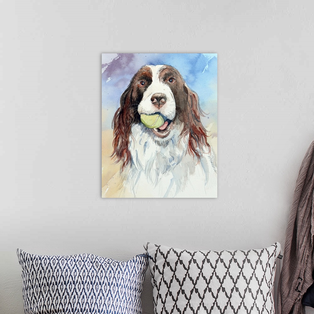 A bohemian room featuring Watercolor painting of a spaniel with a tennis ball in its mouth on a colorful background.