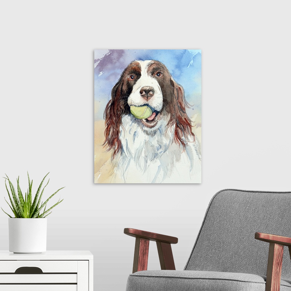 A modern room featuring Watercolor painting of a spaniel with a tennis ball in its mouth on a colorful background.