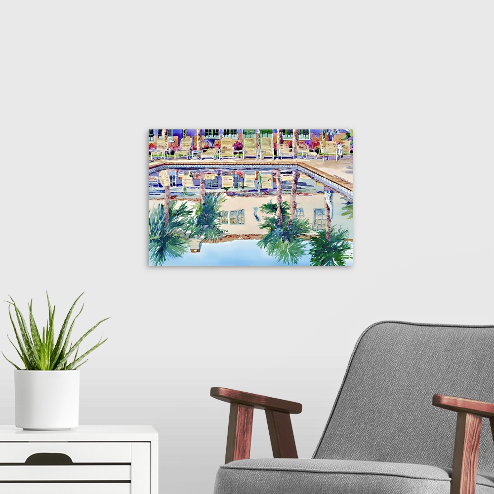 A modern room featuring Watercolor painting of a reflection in a Palm Springs swimming pool