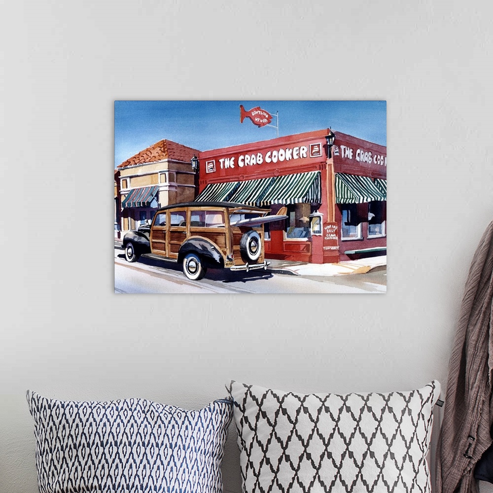 A bohemian room featuring Watercolor of a 1940 Ford woodie surf wagon in front of the Crab Cooker in Newport Beach, CA, Woo...