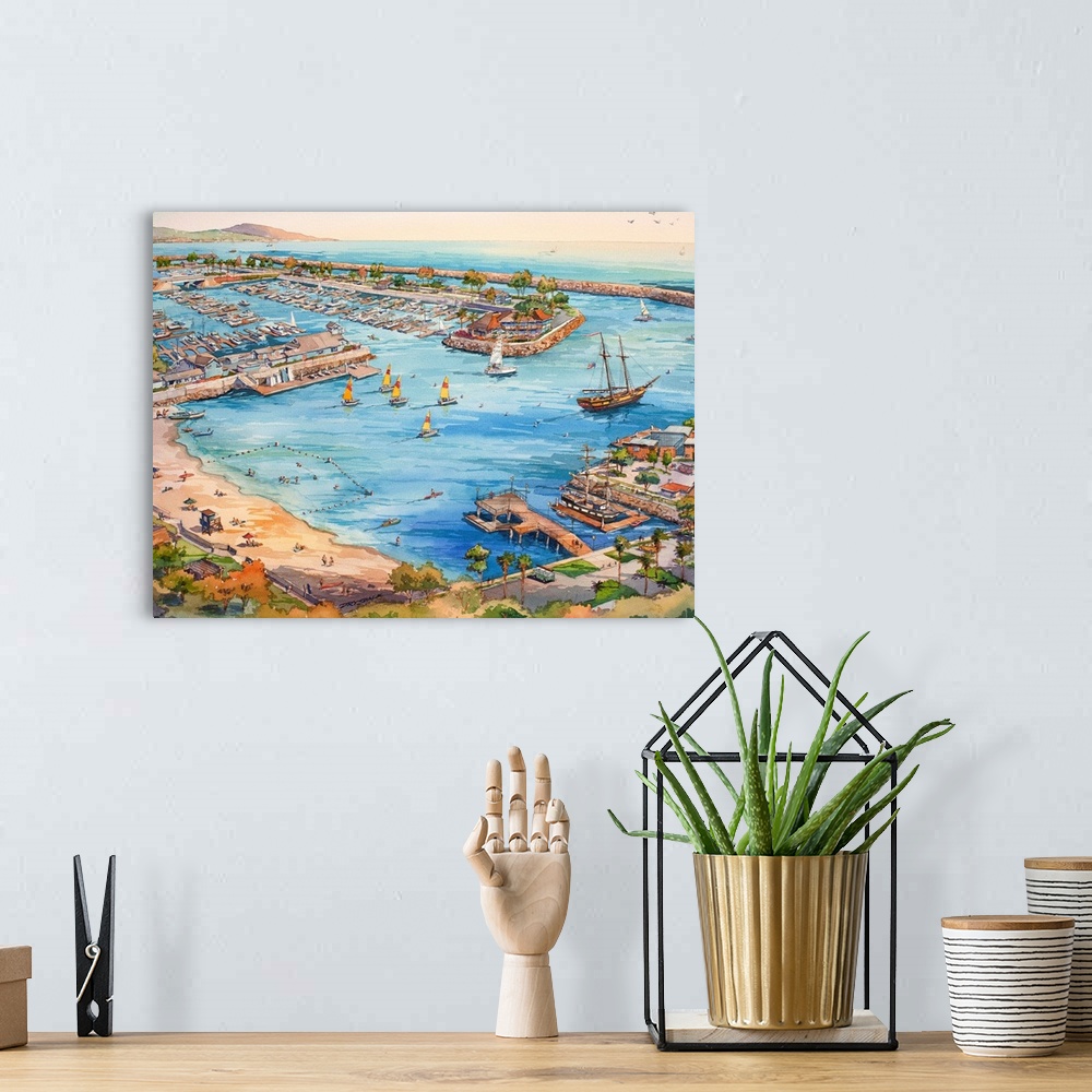 A bohemian room featuring Watercolor painting of the aerial view of The Dana Point Harbor