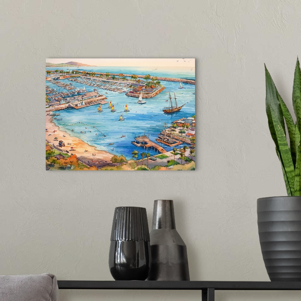 A modern room featuring Watercolor painting of the aerial view of The Dana Point Harbor