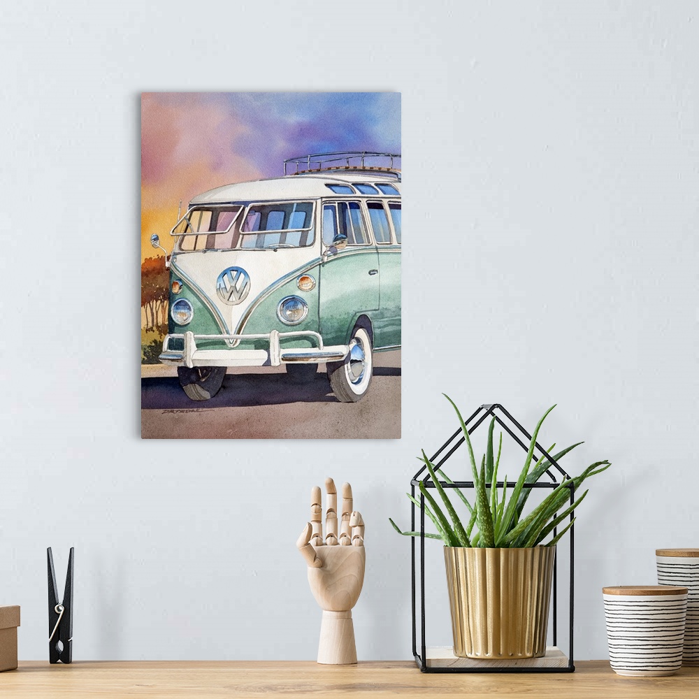 A bohemian room featuring Watercolor of a 1963 23 window VW bus.