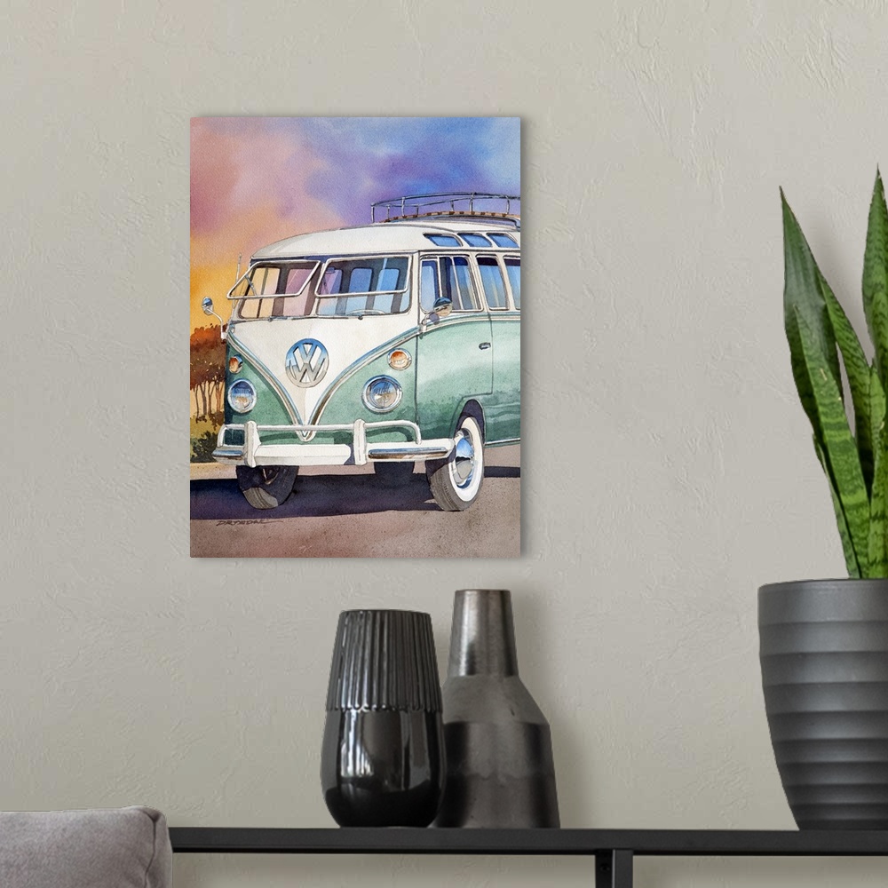 A modern room featuring Watercolor of a 1963 23 window VW bus.
