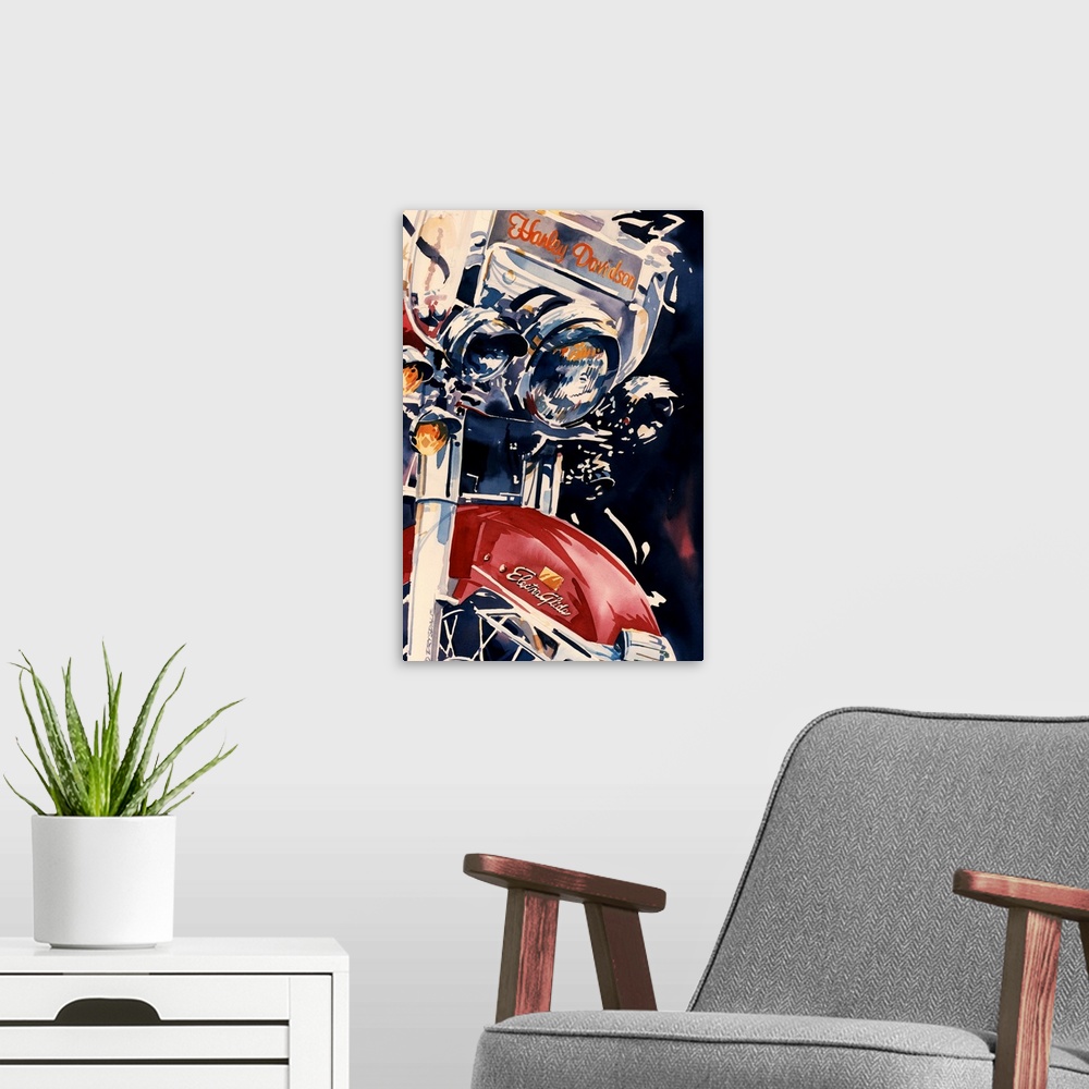 A modern room featuring Watercolor painting of the front of a red Harley Davidson up-close.
