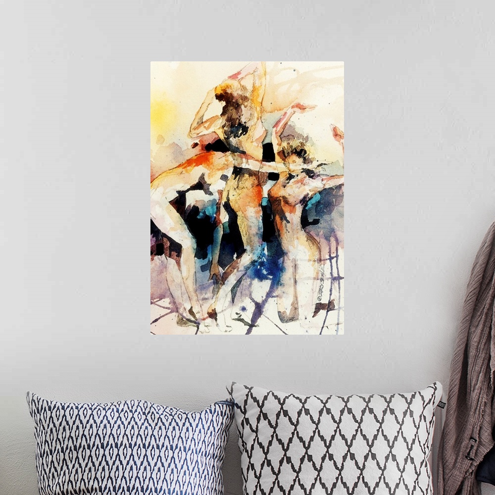 A bohemian room featuring Watercolor painting of a female figure in motion.