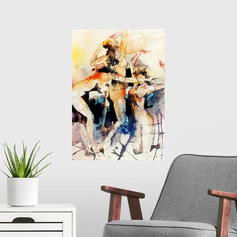 A modern room featuring Watercolor painting of a female figure in motion.