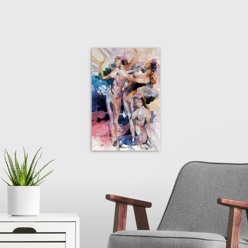 A modern room featuring Watercolor painting of a female figure in motion.