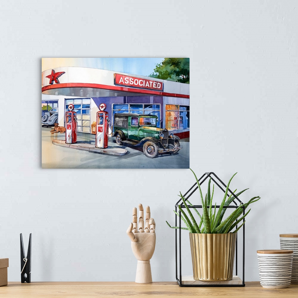 A bohemian room featuring Watercolor painting of a Flying A gas station with a vintage car filling up.