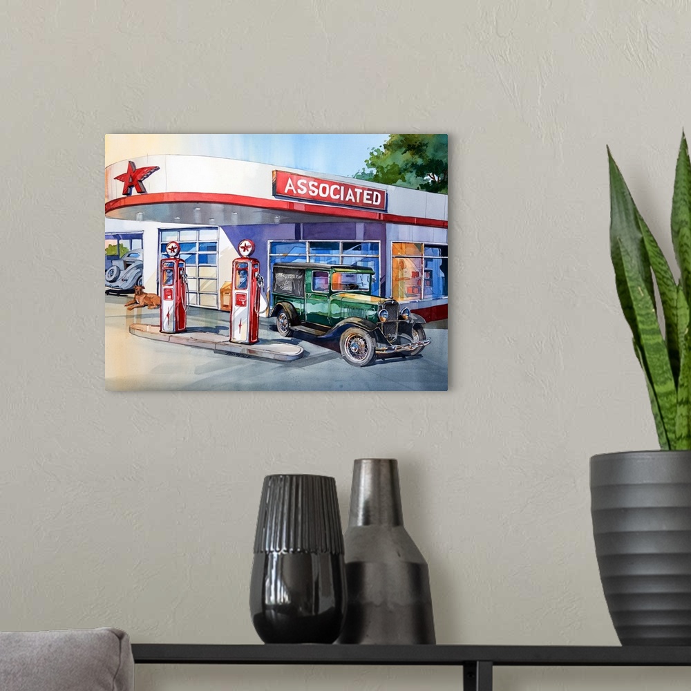 A modern room featuring Watercolor painting of a Flying A gas station with a vintage car filling up.