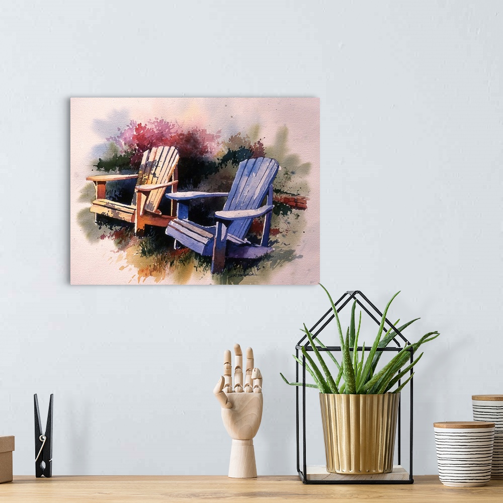 A bohemian room featuring Watercolor painting of two adirondak chairs in a garden.