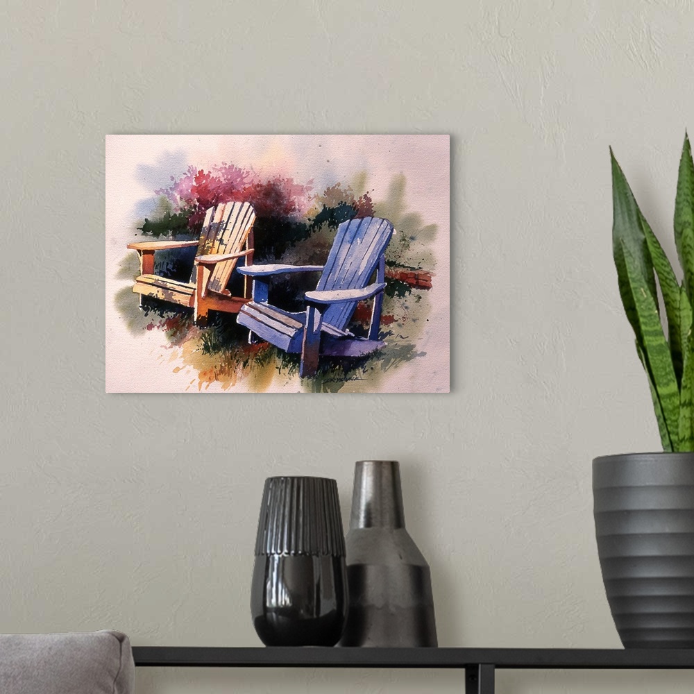 A modern room featuring Watercolor painting of two adirondak chairs in a garden.