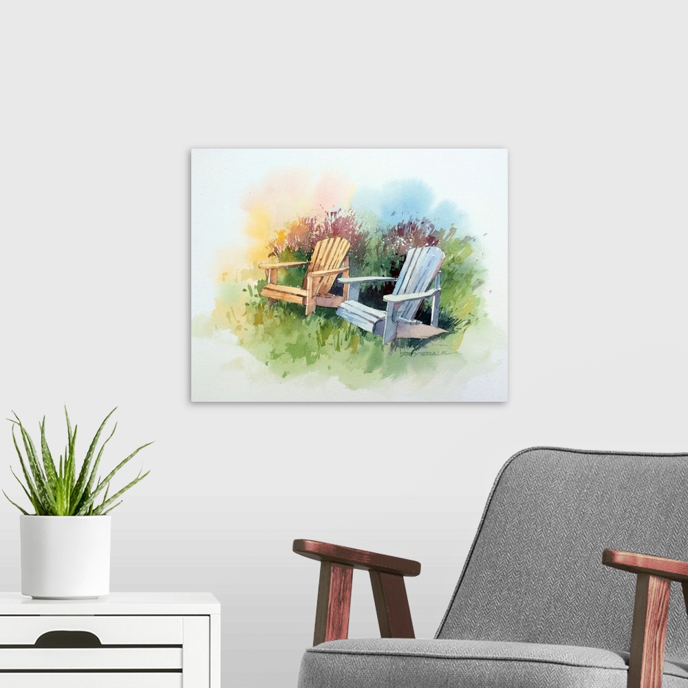A modern room featuring Watercolor painting of blue and yellow adirondack chairs in a garden