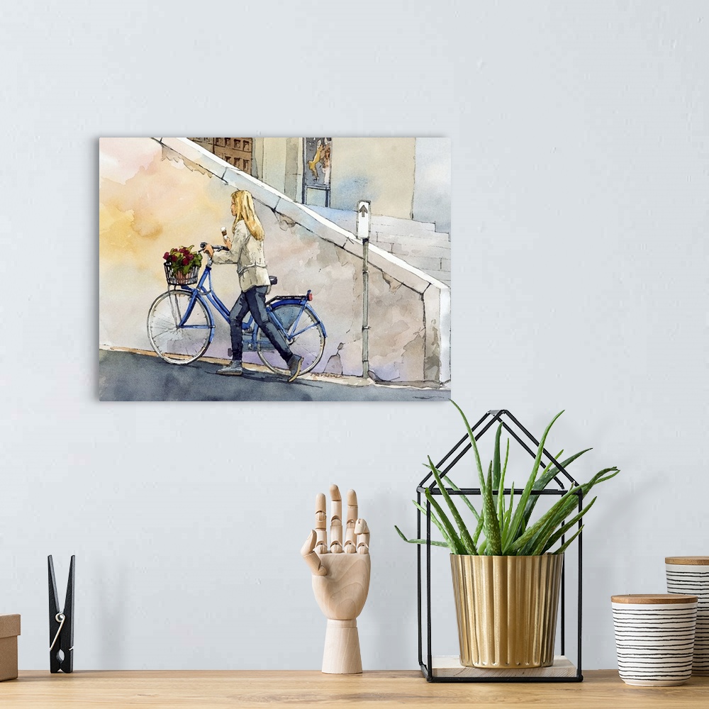 A bohemian room featuring Contemporary watercolor painting of a girl pushing her bicycle with a basket of flowers on it dow...