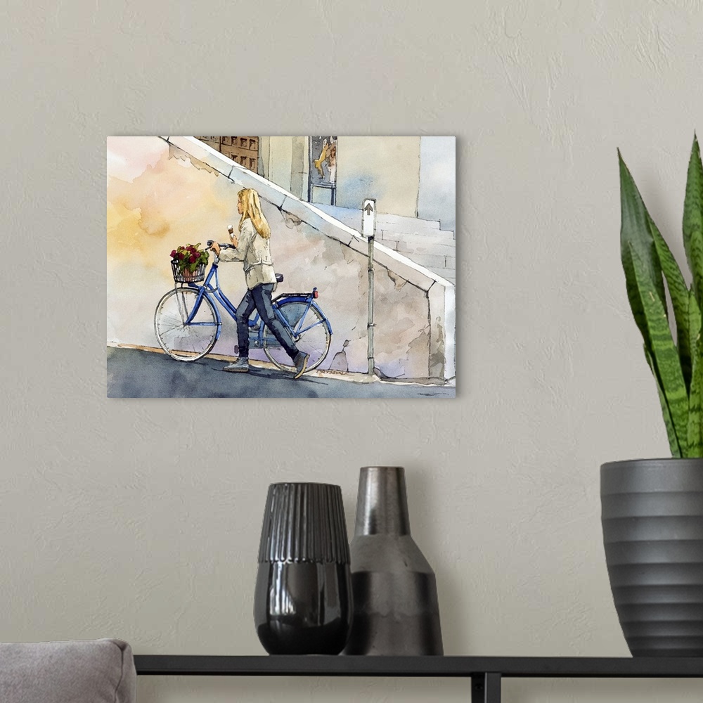 A modern room featuring Contemporary watercolor painting of a girl pushing her bicycle with a basket of flowers on it dow...