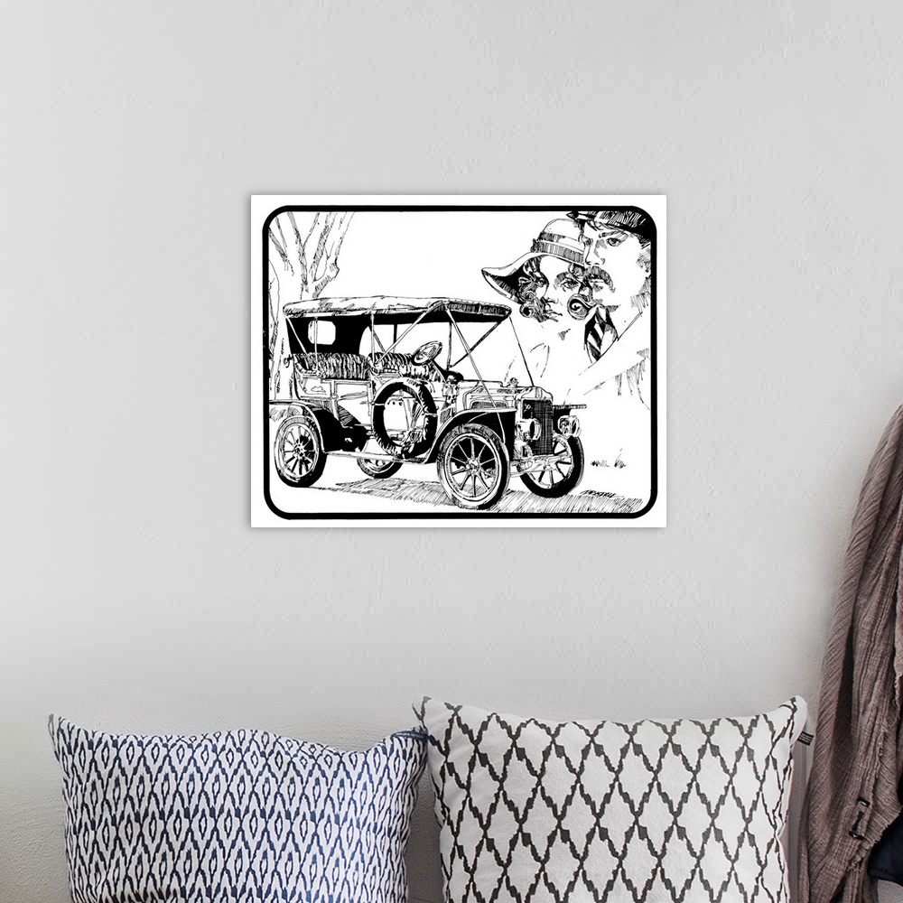 A bohemian room featuring Black and white illustration of a vintage car with Bonnie and Clyde in the top corner.