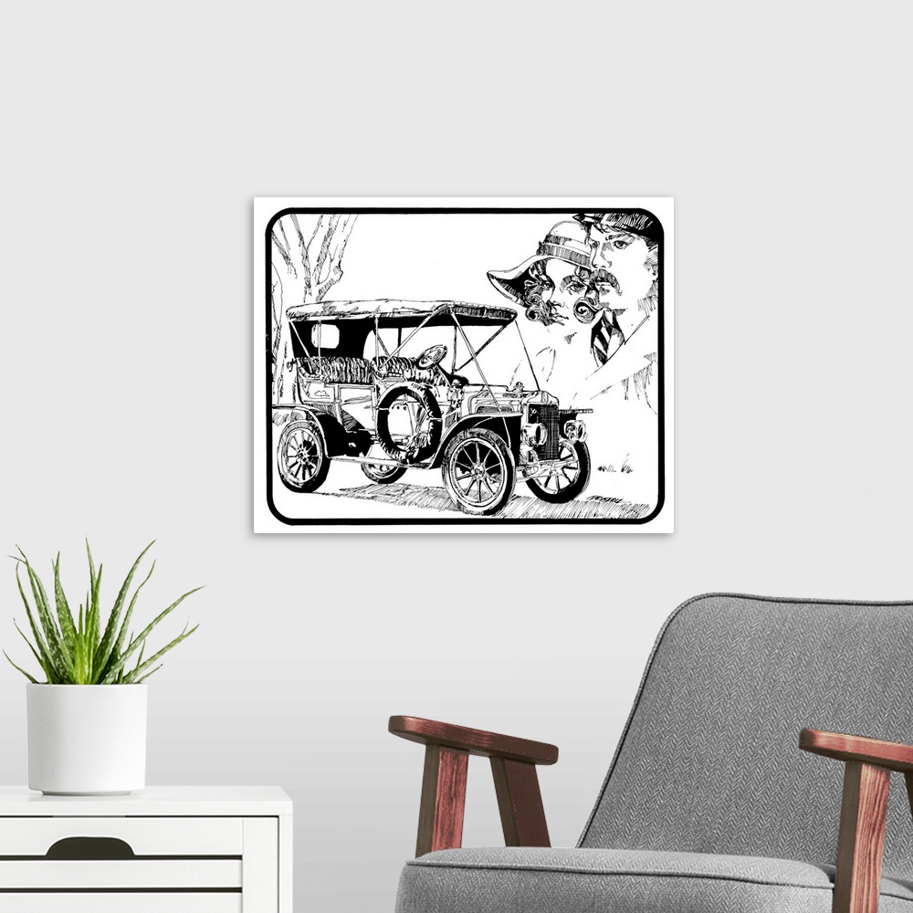 A modern room featuring Black and white illustration of a vintage car with Bonnie and Clyde in the top corner.