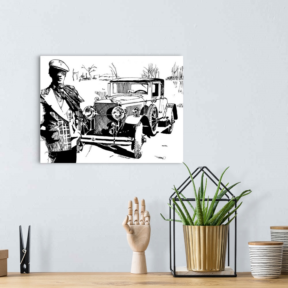 A bohemian room featuring Black and white illustration of a vintage car with a driver in the foreground.