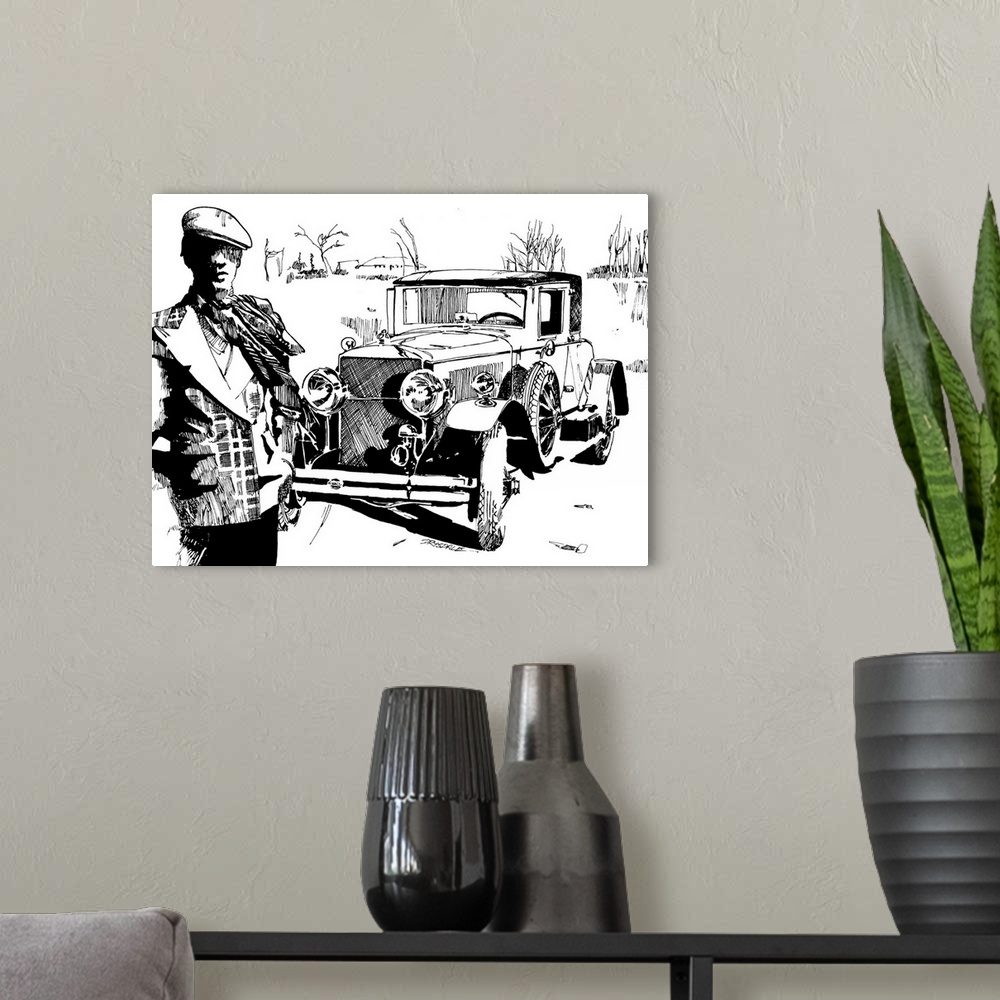 A modern room featuring Black and white illustration of a vintage car with a driver in the foreground.