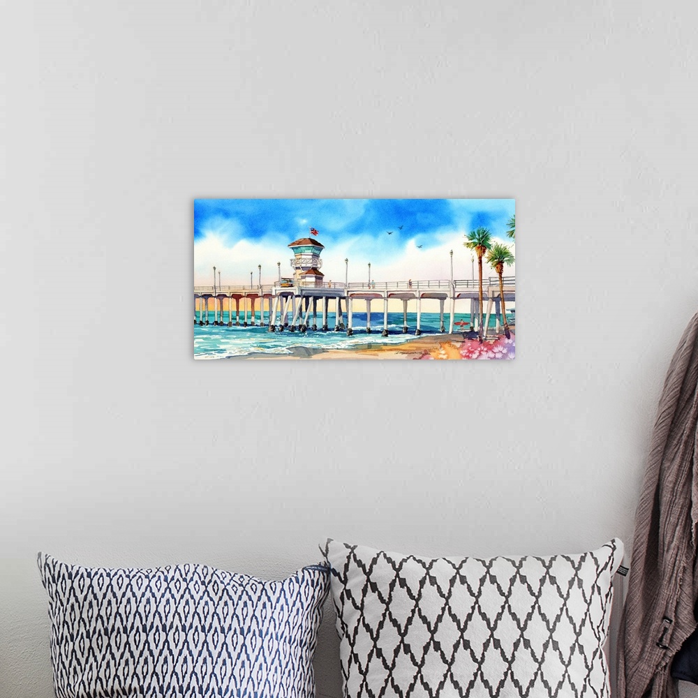 A bohemian room featuring Watercolor of the Huntington Beach pier