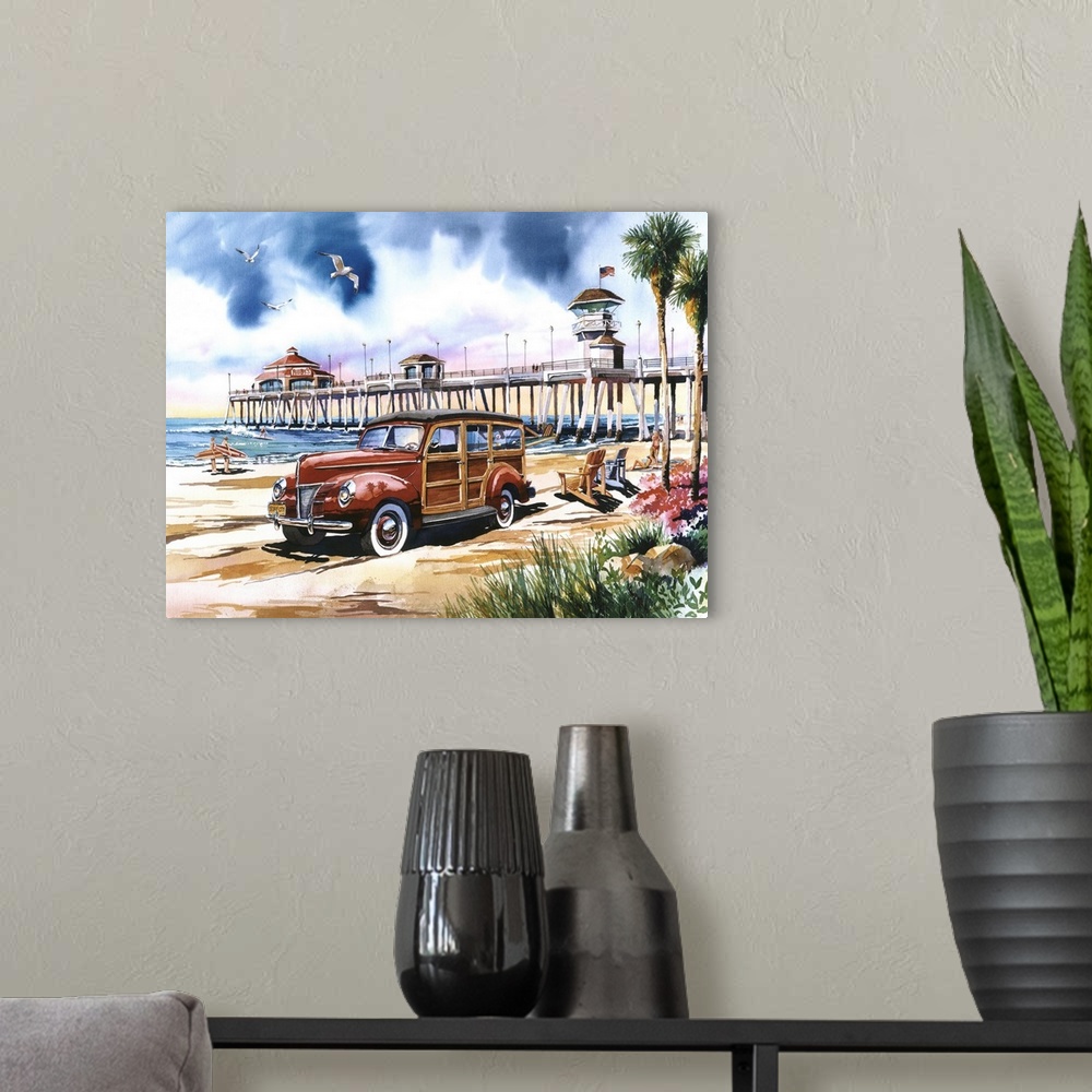 A modern room featuring Watercolor painting of a red woodie wagon parked on the beach at Surf City, Huntington Beach Cali...