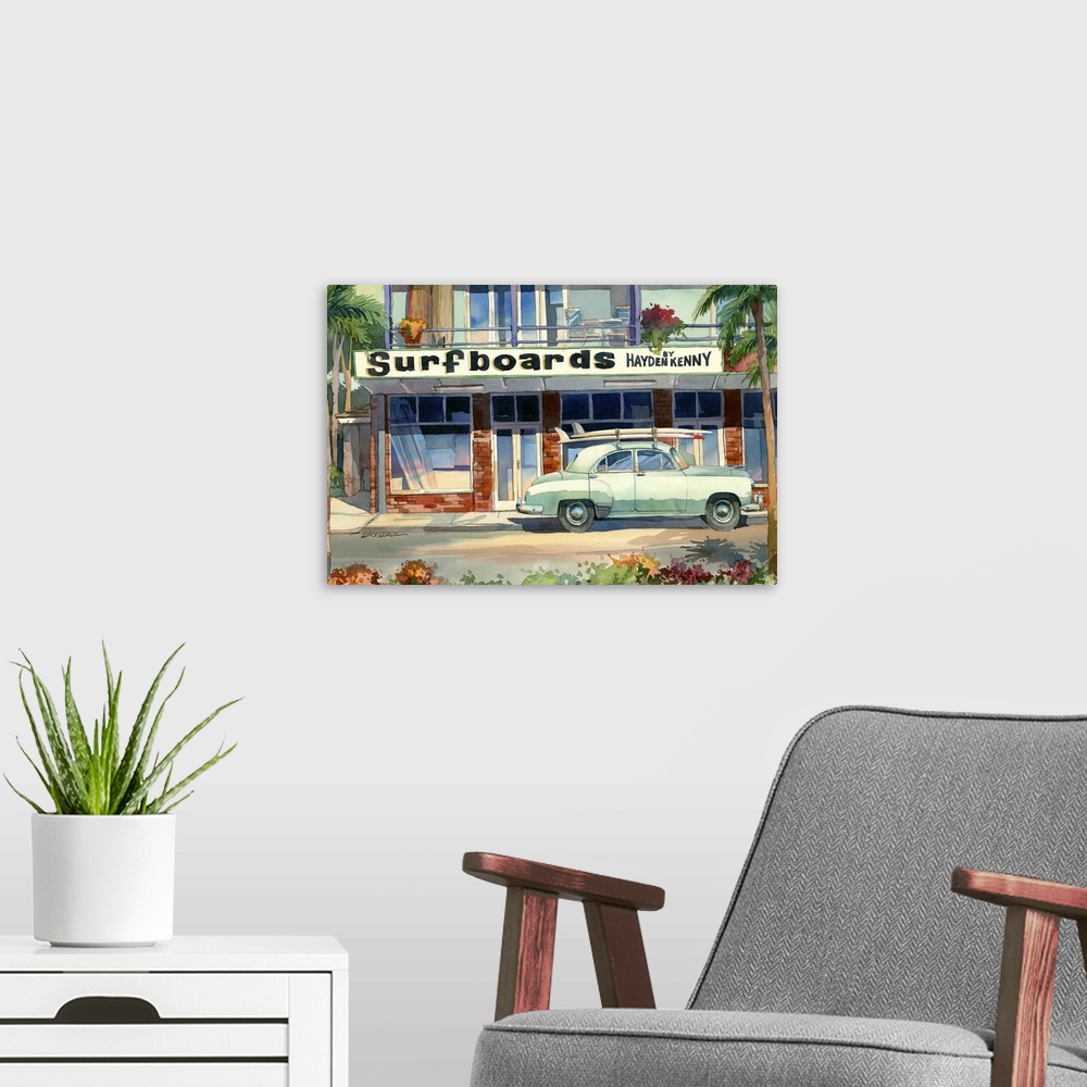 A modern room featuring Watercolor painting of Hayden Kenny Surfboards shop.