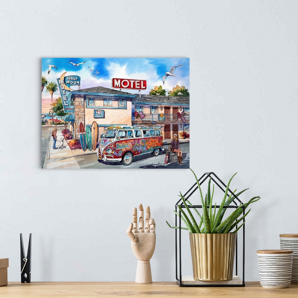 A bohemian room featuring Contemporary watercolor painting of a hippy VW Bus parked outside of the Half Moon Motel.
