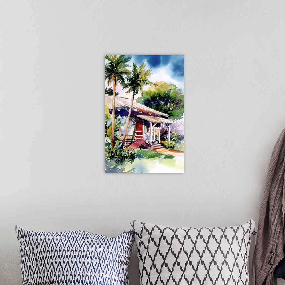 A bohemian room featuring Contempoarry watercolor painting of a house in Hana, Maui, Hawaii