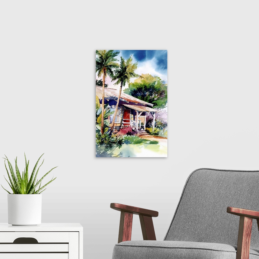 A modern room featuring Contempoarry watercolor painting of a house in Hana, Maui, Hawaii