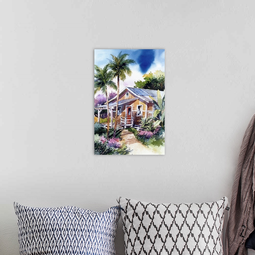 A bohemian room featuring Contempoarry watercolor painting of a house in Hana, Maui, Hawaii