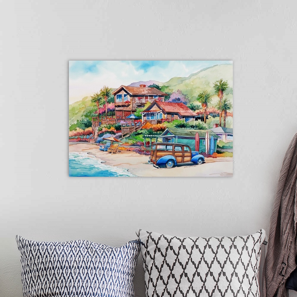 A bohemian room featuring Watercolor of a woodie on the beach in Crystal Cove, Newport Beach, CA.