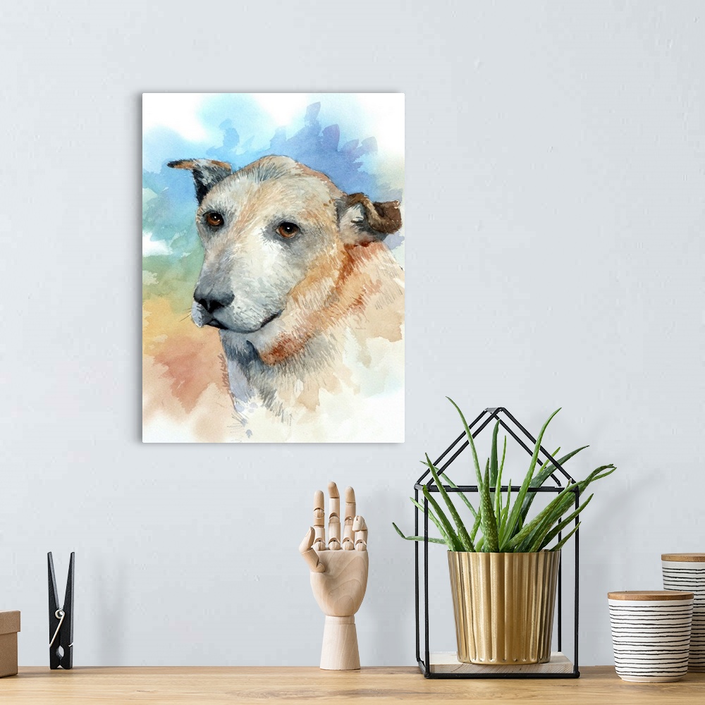 A bohemian room featuring Watercolor portrait of a brown and white dog on a colorful background.
