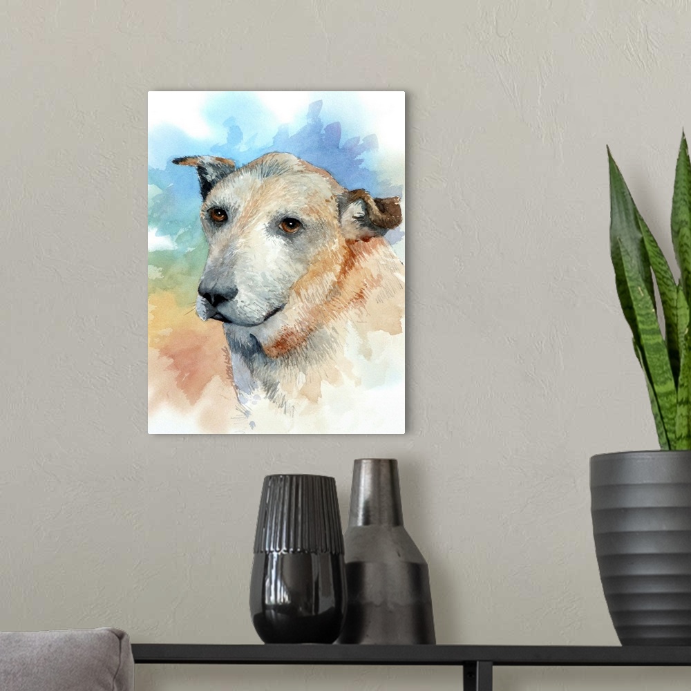 A modern room featuring Watercolor portrait of a brown and white dog on a colorful background.