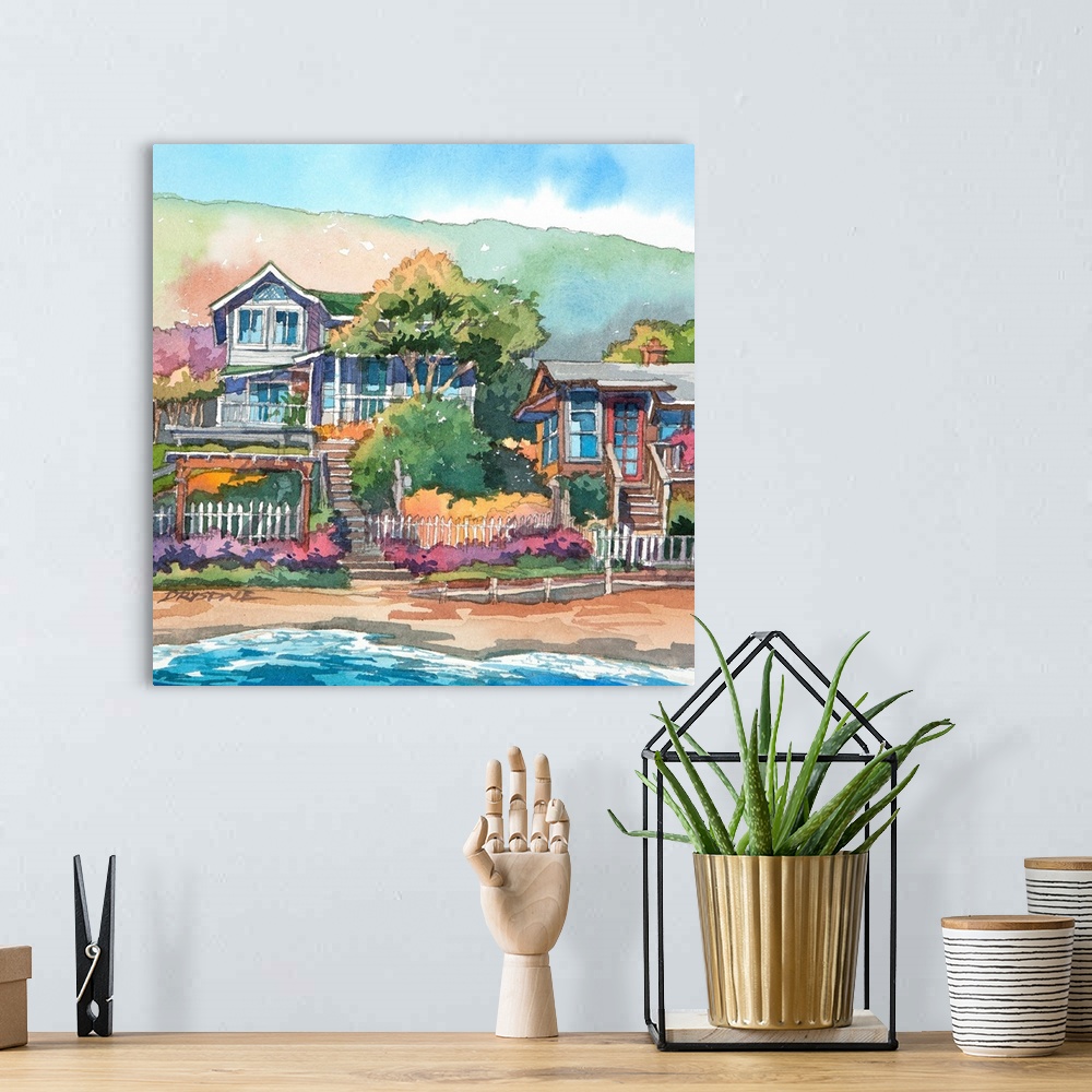 A bohemian room featuring Watercolor painting of the bungalows along Crystal Cove in Newport Beach, California