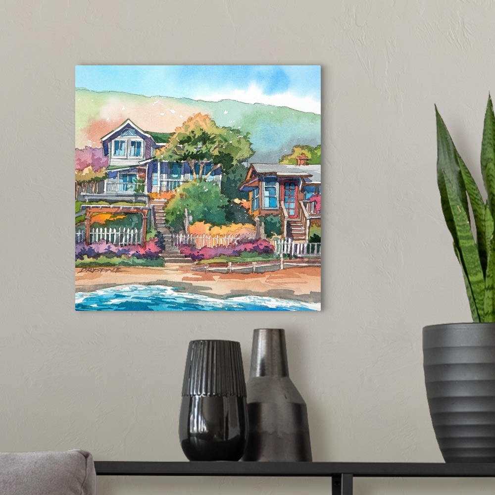 A modern room featuring Watercolor painting of the bungalows along Crystal Cove in Newport Beach, California