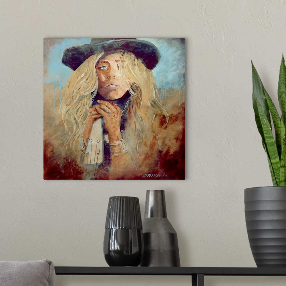 A modern room featuring Contemporary painting of a woman in a hat with long blonde hair., leaning against a guitar.