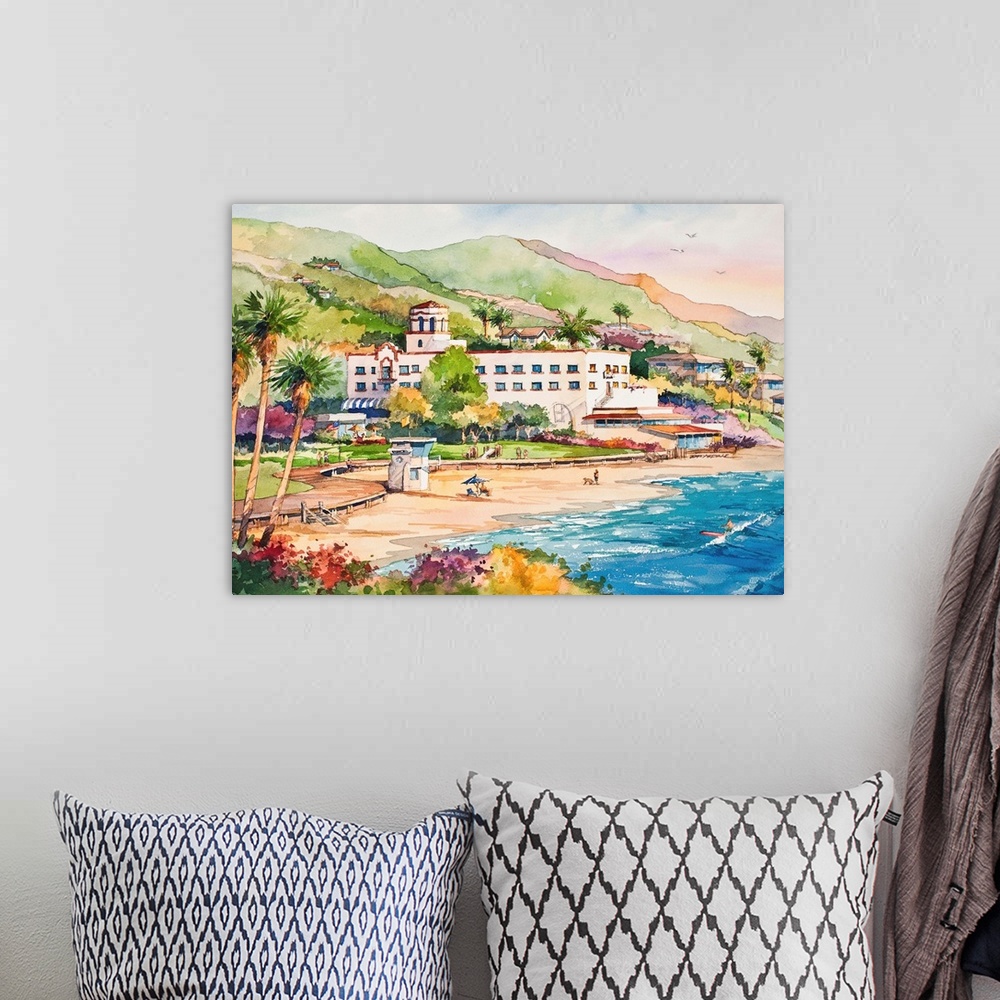 A bohemian room featuring Landscape watercolor painting of Laguna Main Beach, CA.