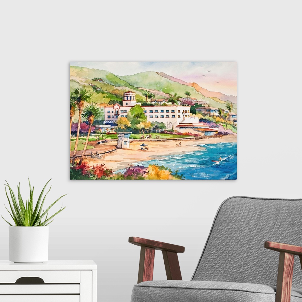 A modern room featuring Landscape watercolor painting of Laguna Main Beach, CA.