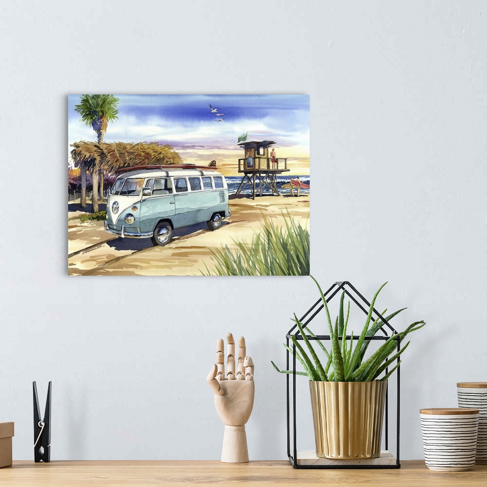 A bohemian room featuring Watercolor of a classic 1967 VW Bus pulled up on the sand at the famous surfing beach, Old Mans, ...