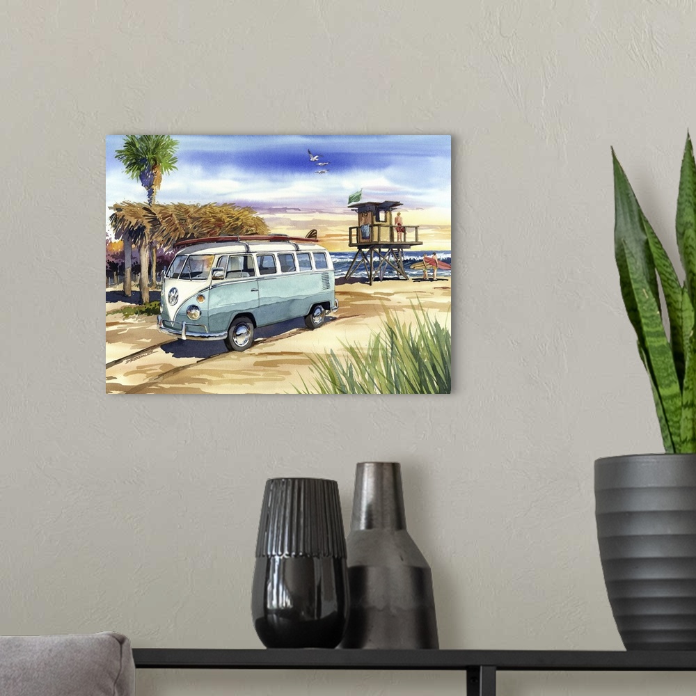A modern room featuring Watercolor of a classic 1967 VW Bus pulled up on the sand at the famous surfing beach, Old Mans, ...