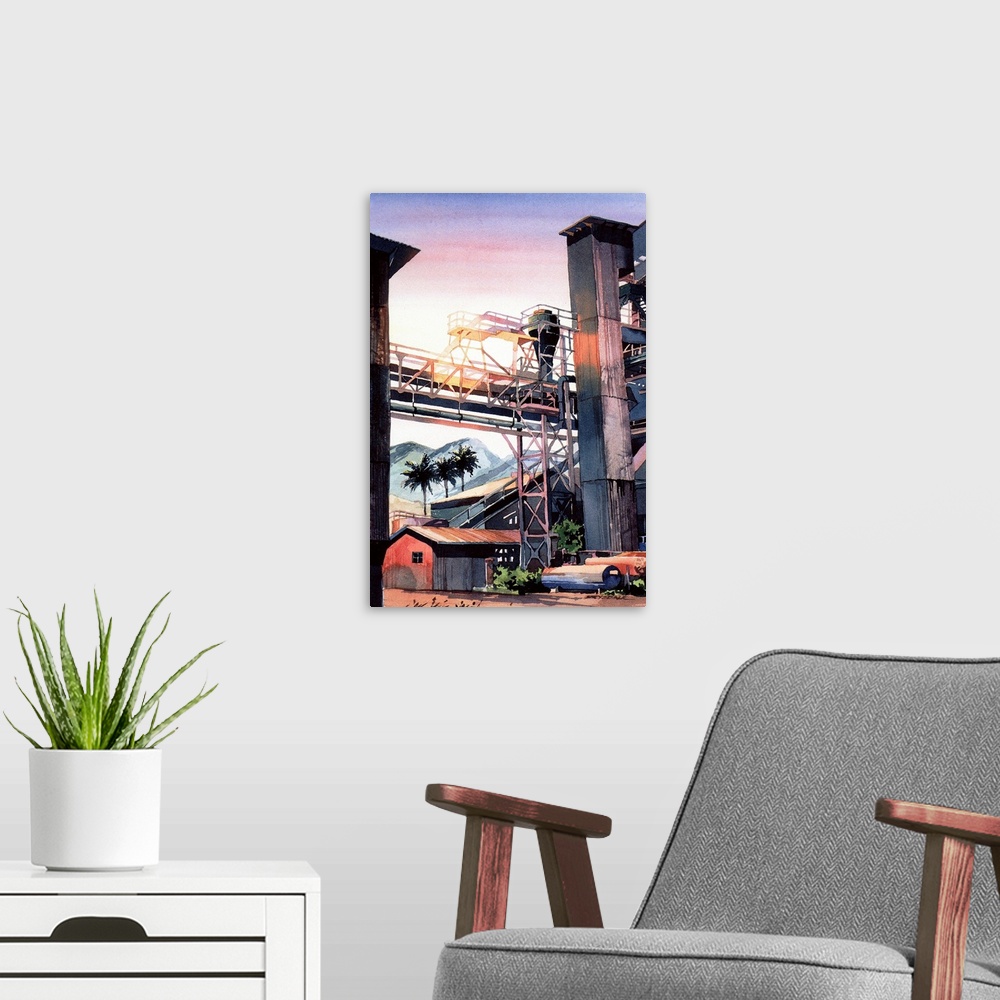 A modern room featuring Watercolor painting of an actual abandoned sugar mill in Maui, Hawaii