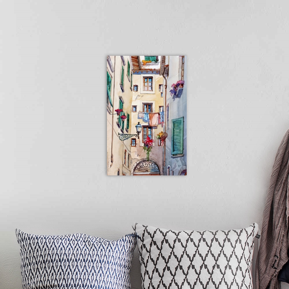A bohemian room featuring Watercolor painting of an alley way with laundry hanging on a line in Florence, Italy