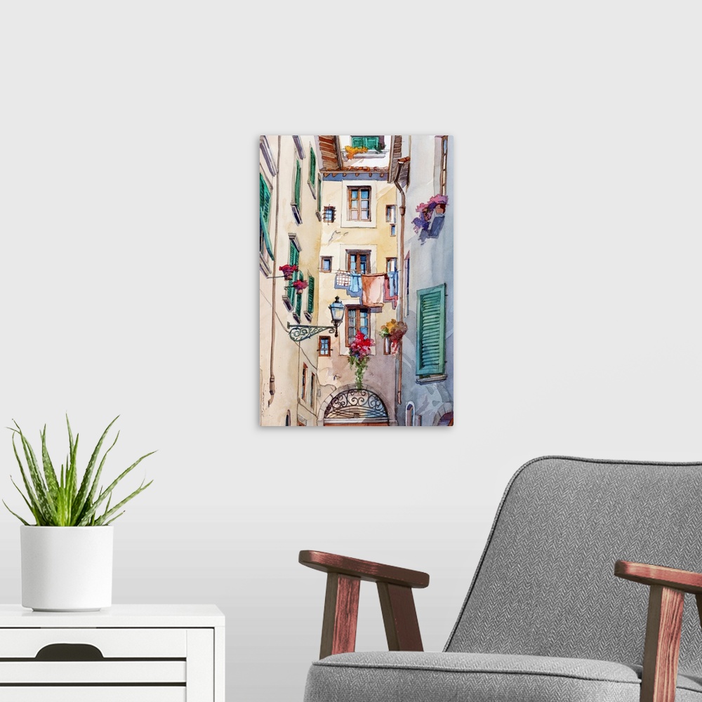 A modern room featuring Watercolor painting of an alley way with laundry hanging on a line in Florence, Italy