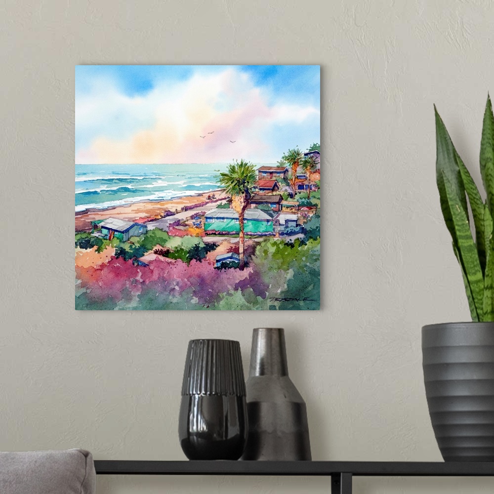 A modern room featuring Watercolor of the bungalows at Crystal Cove, Newport Beach, California.