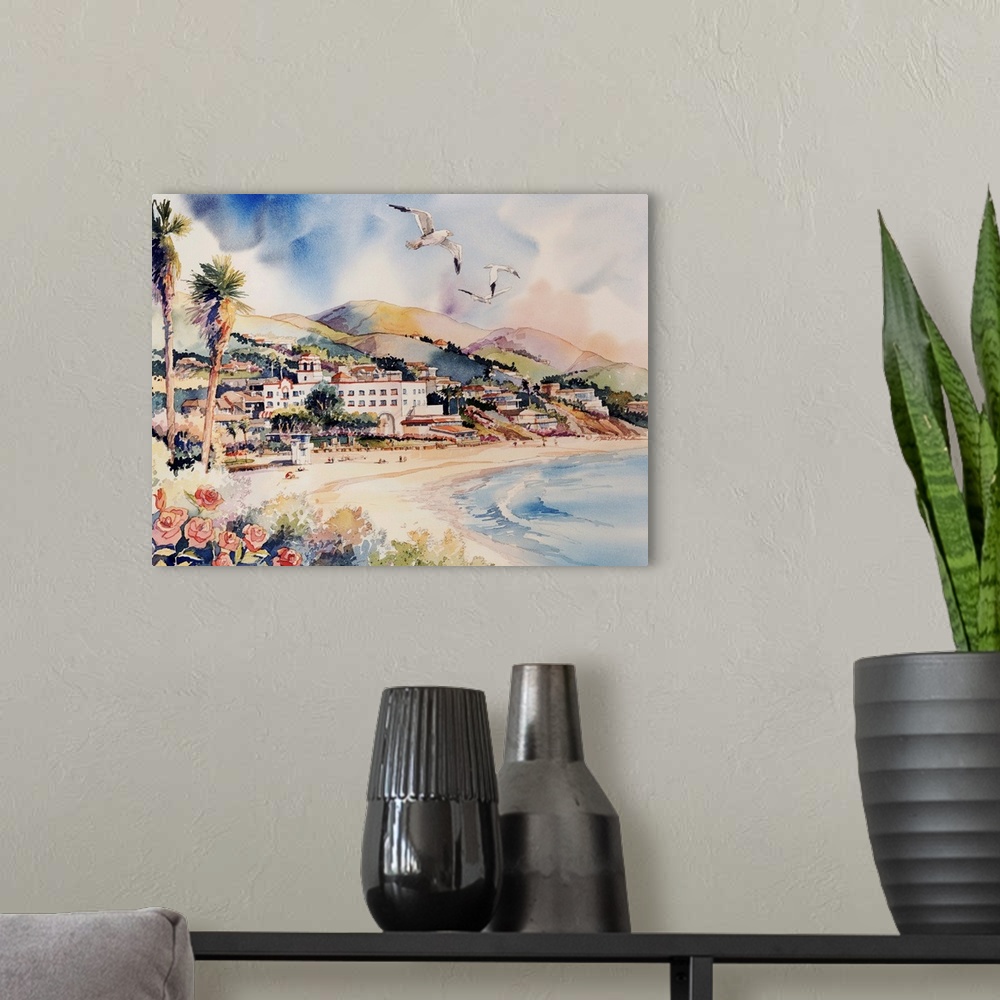 A modern room featuring Watercolor of a Laguna Beach, California landscape.